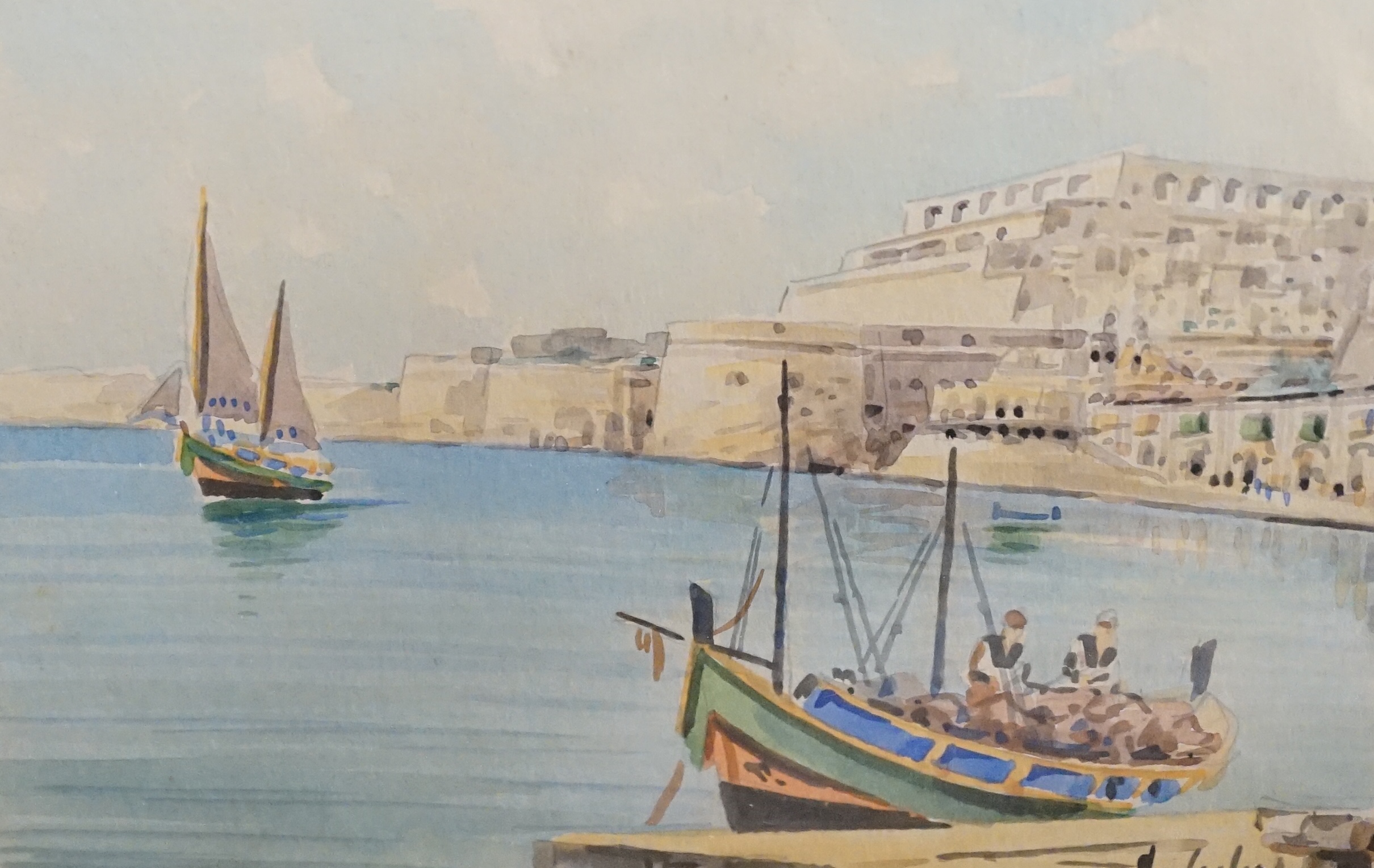 Joseph Galea (Maltese, b.1934), two watercolours, 'The Grand Harbour' and 'Waterside scene with moored boats', signed and dated 1967 and 1968, largest 28 x 52cm. Condition - fair, some browning